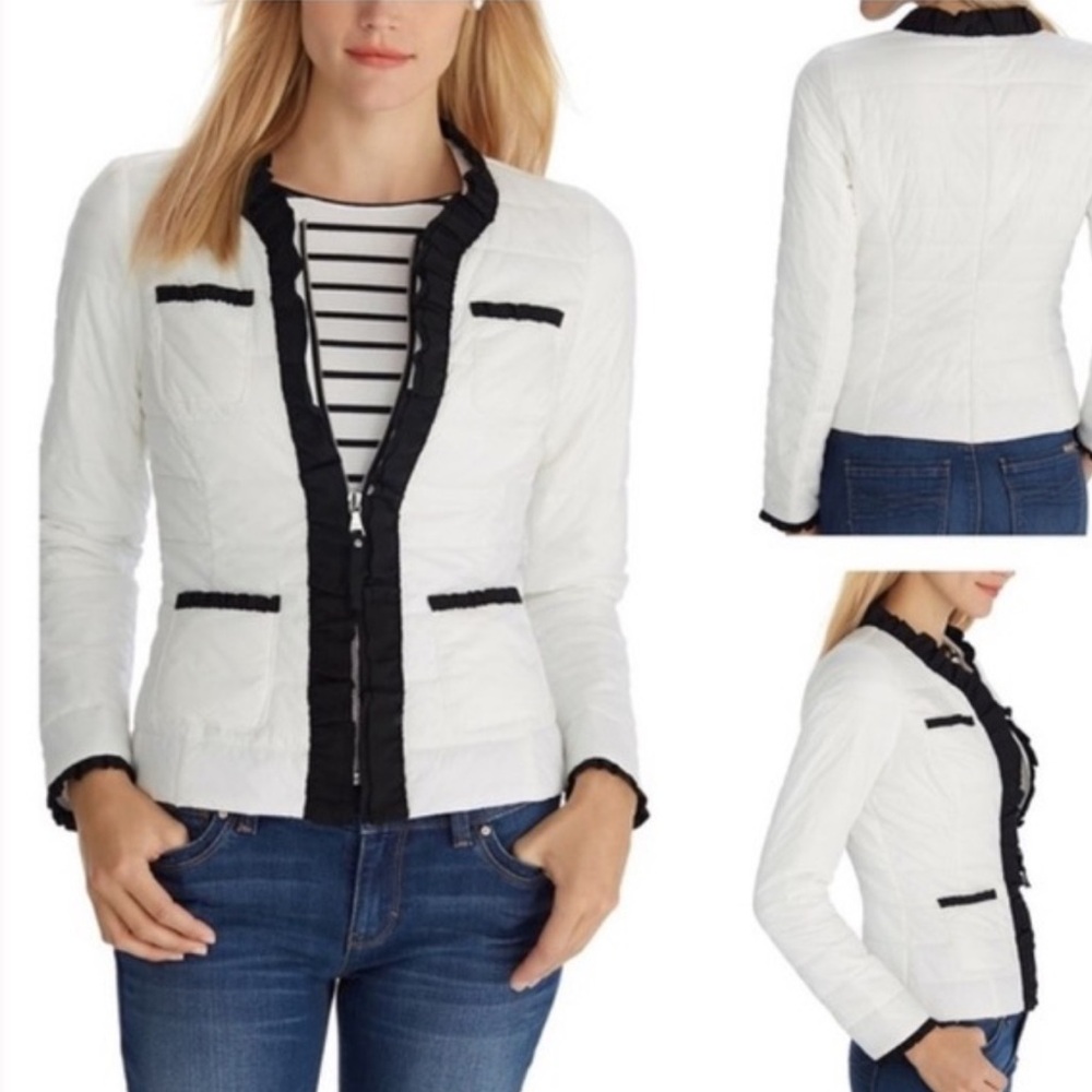 WHBM Ribbon Trimmed Quilted Puffer Jacket Ecru EUC $150 SP PS Petite Small